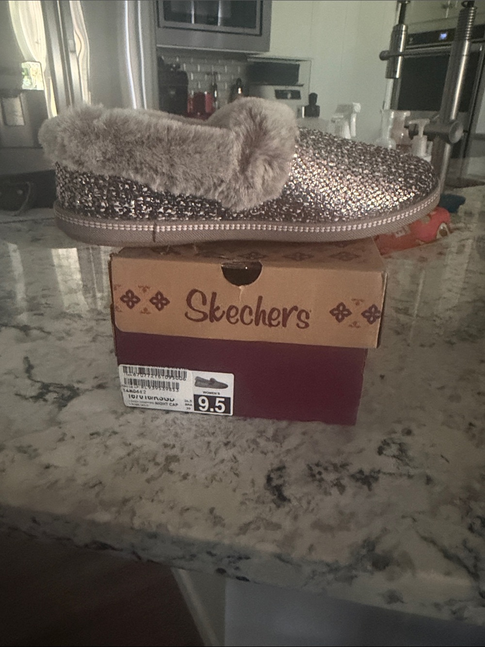 Skechers Glitter Slip-On Slipper with Faux Fur Collar - Rose